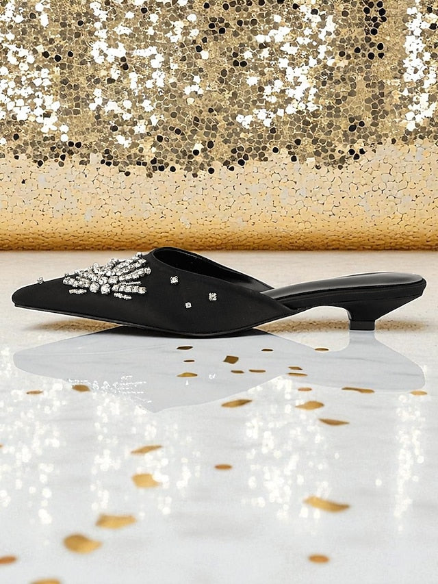 with Satin Women's Toe Rhinestone Mules Black Pointed
