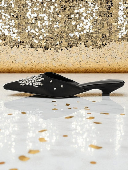 with Satin Women's Toe Rhinestone Mules Black Pointed