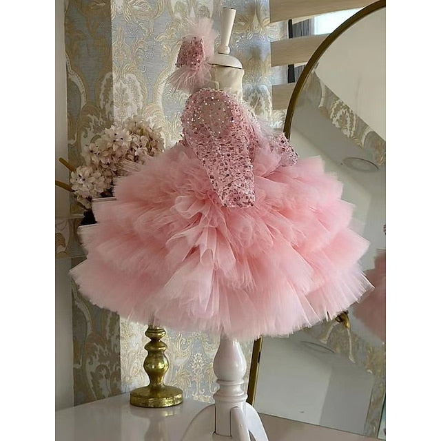 Sleeve Girls' Party Kids Sequin Long Performance Dress