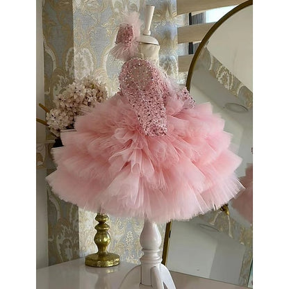 Sleeve Girls' Party Kids Sequin Long Performance Dress