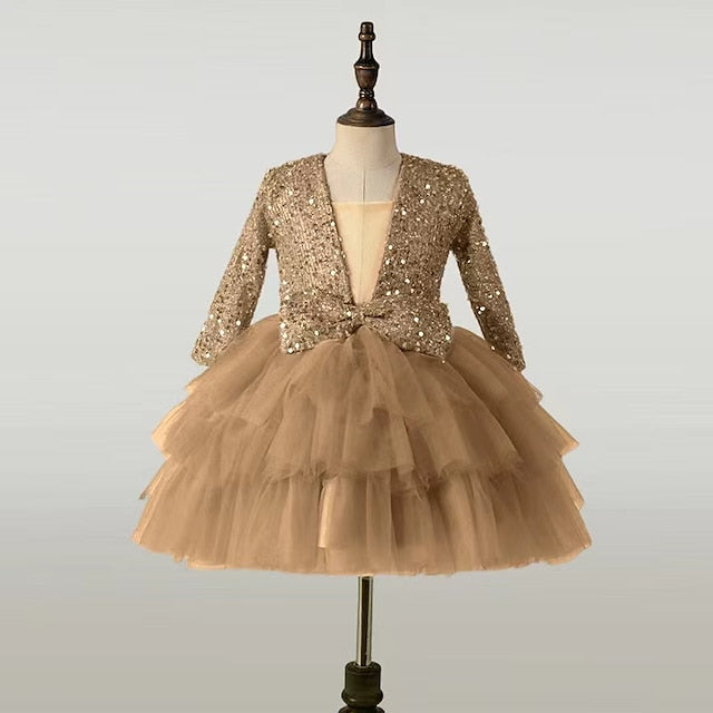 Sleeve Girls' Party Kids Sequin Long Performance Dress