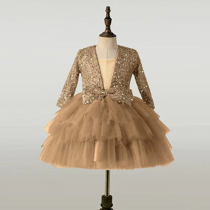 Sleeve Girls' Party Kids Sequin Long Performance Dress