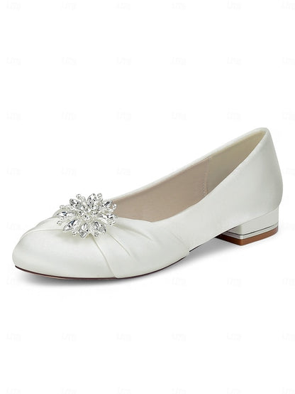 Elegant Wedding White Crystal Satin Flats Women's –
