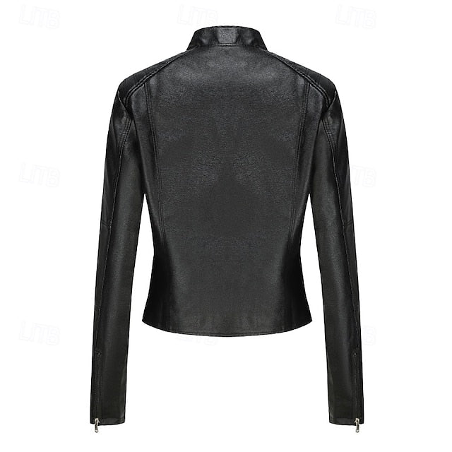 Zipper Jacket Pocket Faux Leather Women's Comfortable