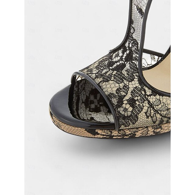 Design Lace Mesh Peep-Toe with for Heels Black Stiletto