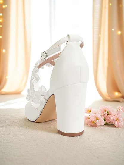 Women's Ankle - Block Lace Strap Heel with White Sandals