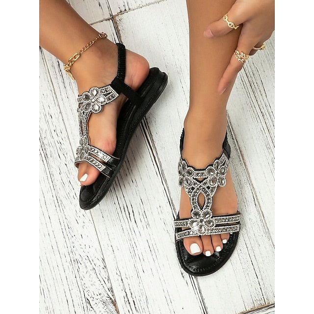 T-Strap Rhinestone Sandals Boho – Flat Women's Silver