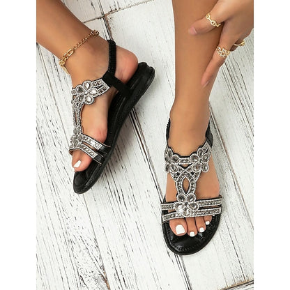 T-Strap Rhinestone Sandals Boho – Flat Women's Silver