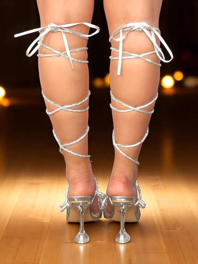 Heeled Bow Glitter and Crystal with Silver Women's Sandals