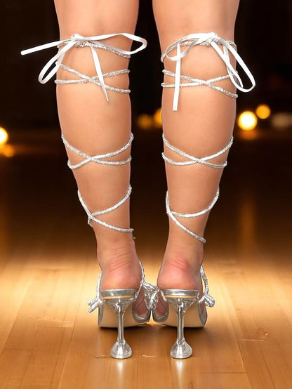 Heeled Bow Glitter and Crystal with Silver Women's Sandals