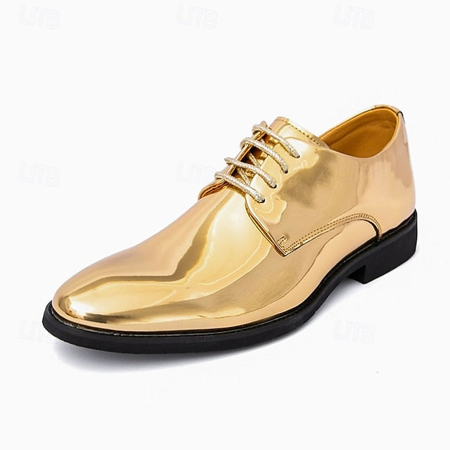 for – Patent Gold Shiny Shoes Leather Men Sleek Lace-Up