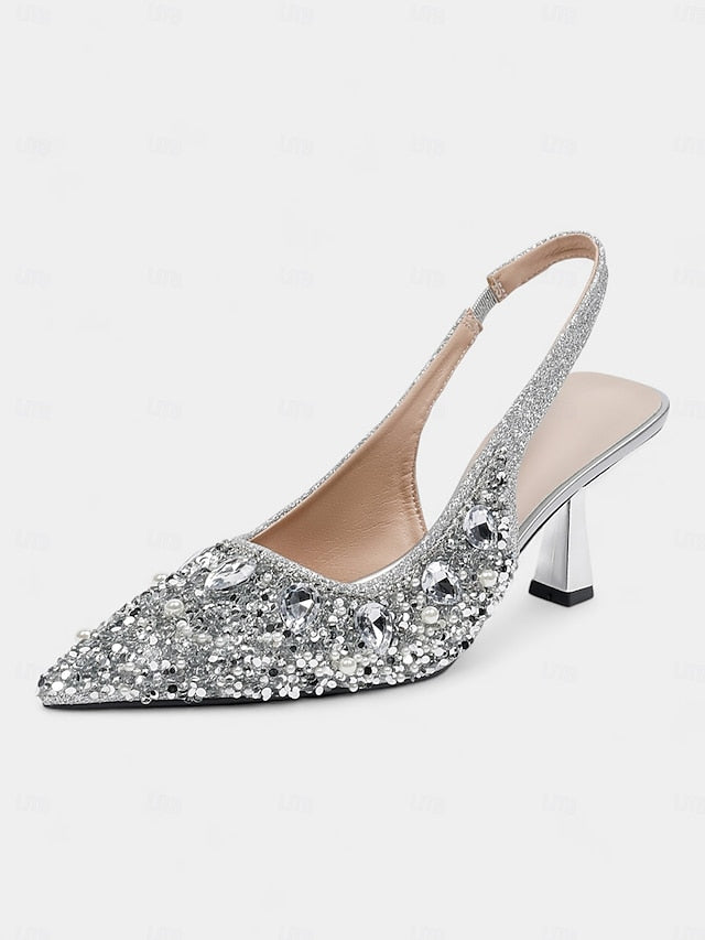 Slingback with Heels Rhinestone Gold Women's Pearl