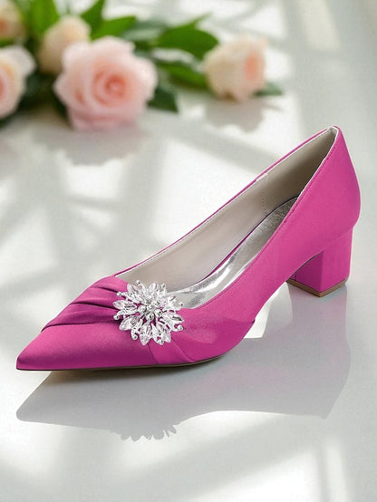 Women's Crystal Heel Pumps Block Low with White