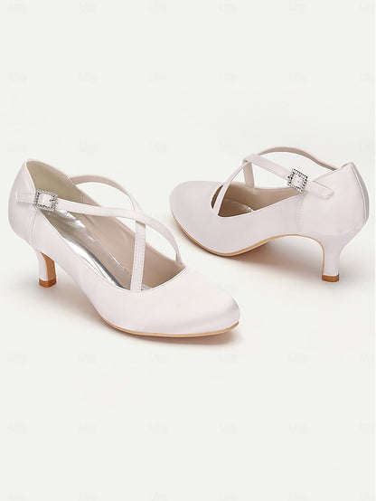 – Satin Cross-Strap Elegant with Heels White Rhinestone Buckle