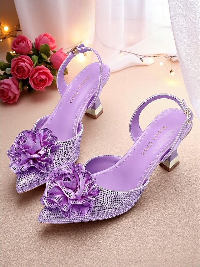Purple with Slingback Rhinestone Floral Heels Women's