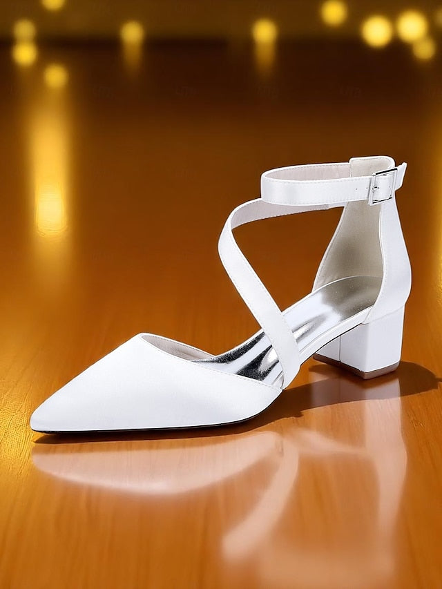 Women's - Heels Satin Block Champagne Pointed Toe