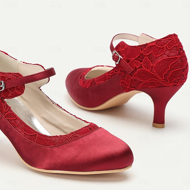 Mid-Heel Lace - Women's Elegant Satin Heels Comfortable Red