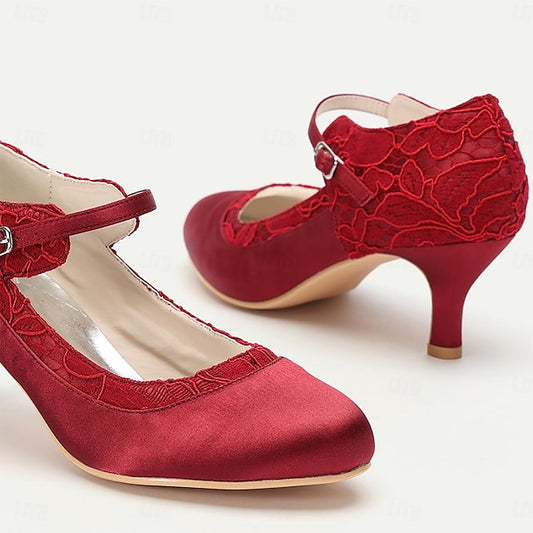 Mid-Heel Lace - Women's Elegant Satin Heels Comfortable Red