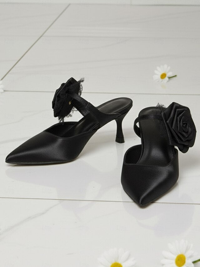 Floral Toe Heels Women's Ankle Satin Pointed Green with