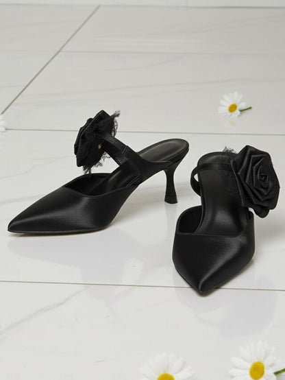 Floral Toe Heels Women's Ankle Satin Pointed Green with