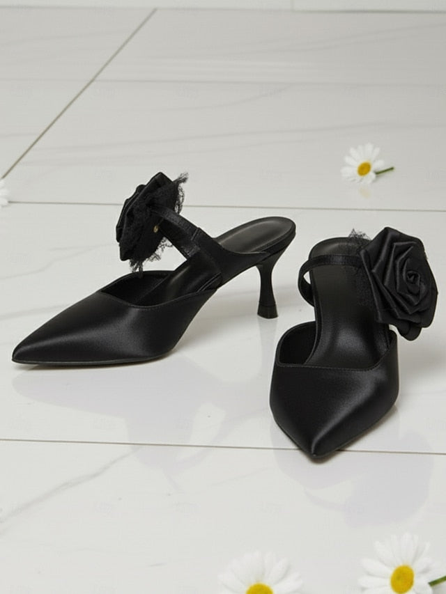 Satin Floral with Pointed Ankle Heels Toe Women's Green