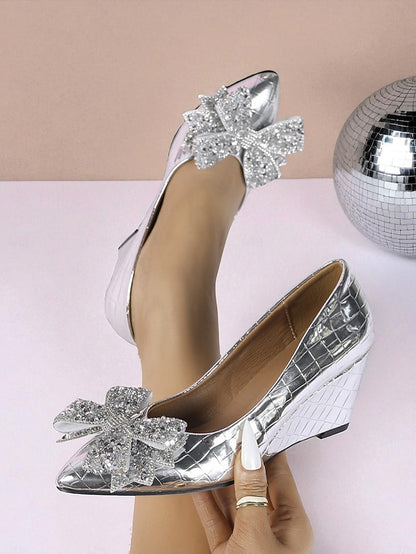 Black Glitter Patent Women's with Wedge Heels Bow Leather