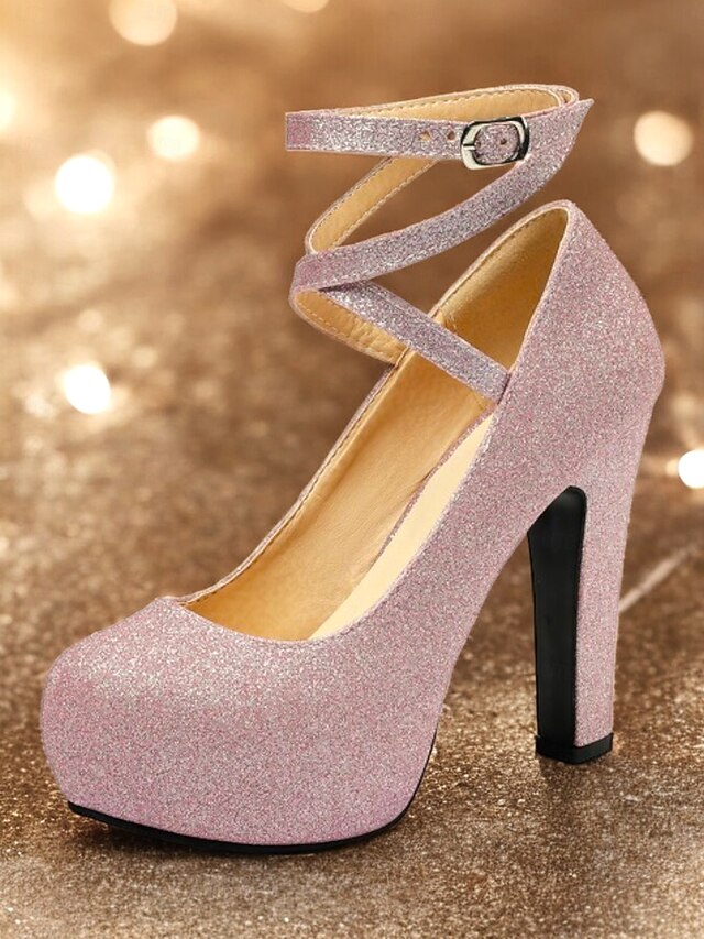 – Heels Platform with Strap Glitter Ankle Pink Women's