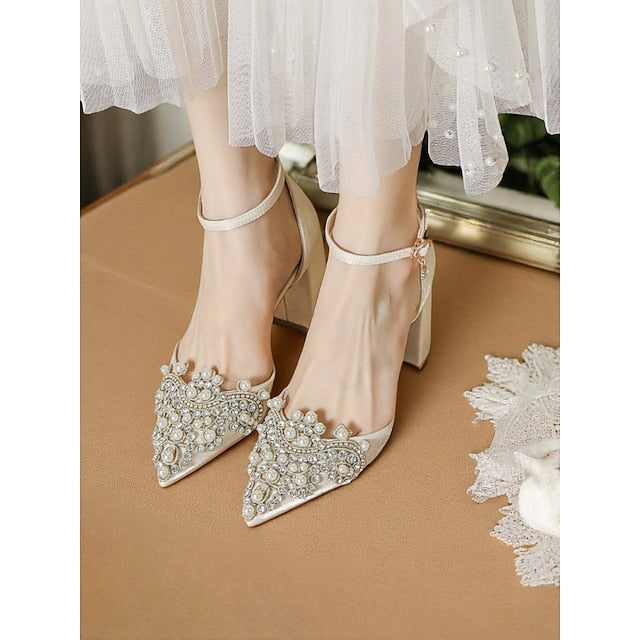 and Wedding Heel Embellished Pearl Block Rhinestone Women's