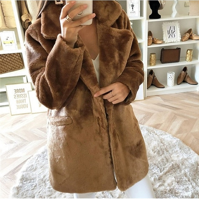 Coat Faux Casual Fur Warm Pocket Comfortable Women's