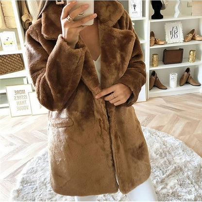 Coat Faux Casual Fur Warm Pocket Comfortable Women's