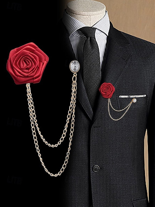 Lapel Rose – with Pin Chain Red Men's Elegant Gold