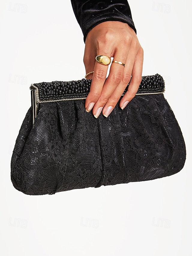 Black Clutch Evening Elegant Women's Lace Beaded Bag with