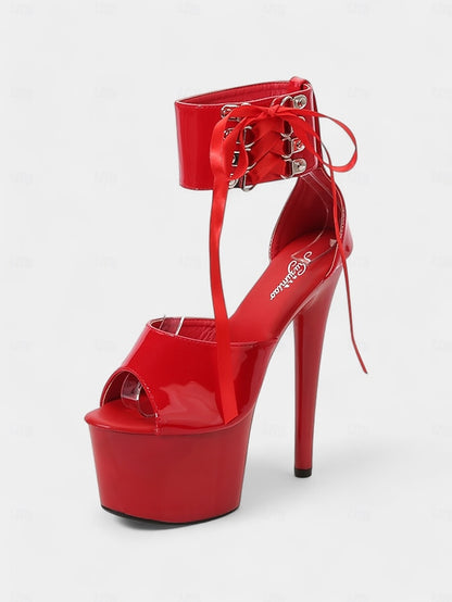 Black with Platform Lace-Up Patent Ankle Straps Sandals Leather