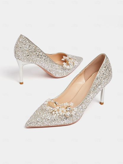 Glitter with Stiletto Silver Floral Heels Women's