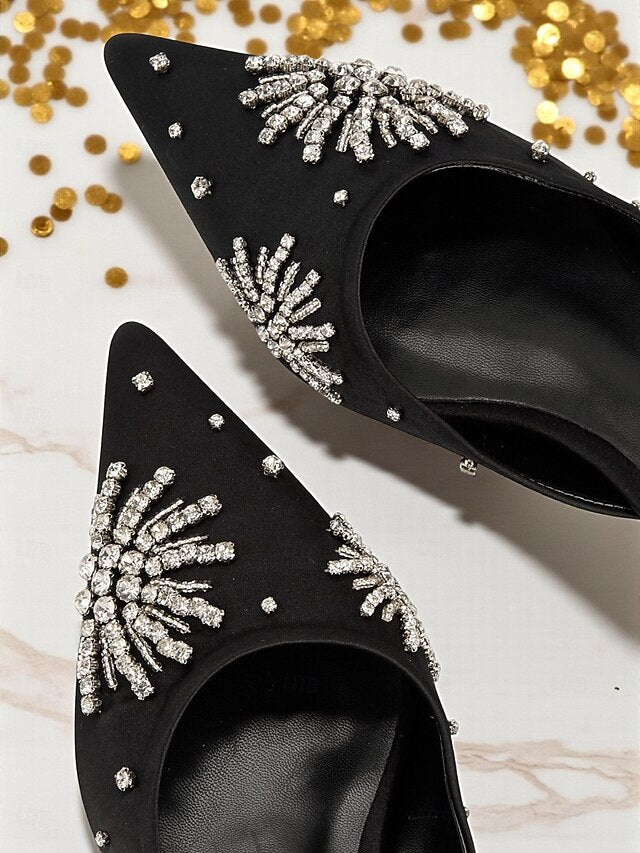 with Satin Women's Toe Rhinestone Mules Black Pointed