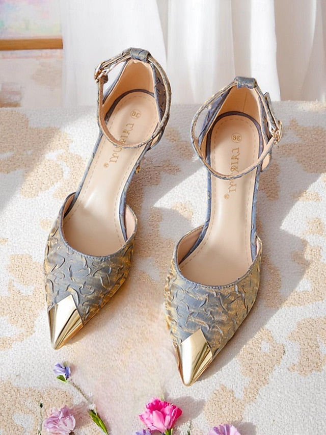 Toe Beige Women's and with Gold Pointed Heels Satin Accents
