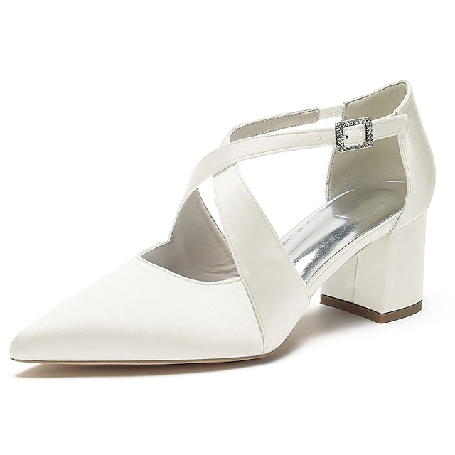 Elegant Block White Pointed Women's – Heels Satin Toe