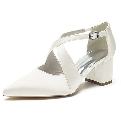 Elegant Block White Pointed Women's – Heels Satin Toe