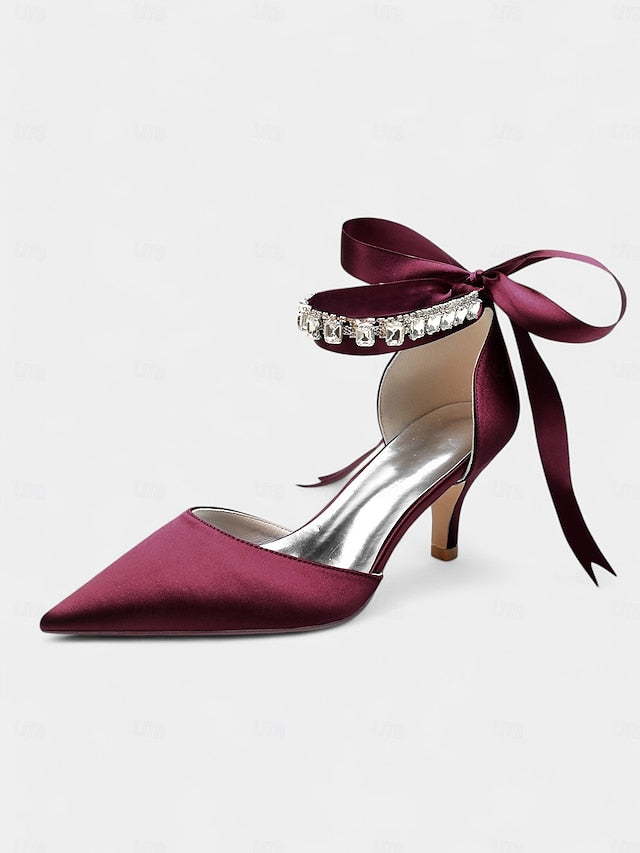 with Ankle and Strap Heels Satin Pointed-Kitten Blue Rhinestone