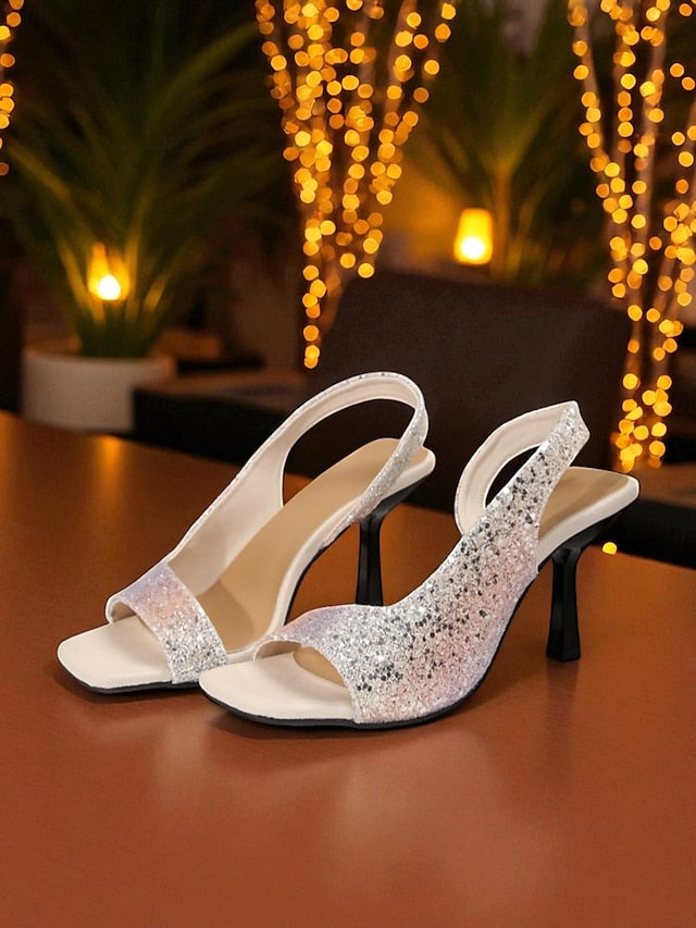 Toe Glitter Sandals Slingback Square Women's - Stiletto