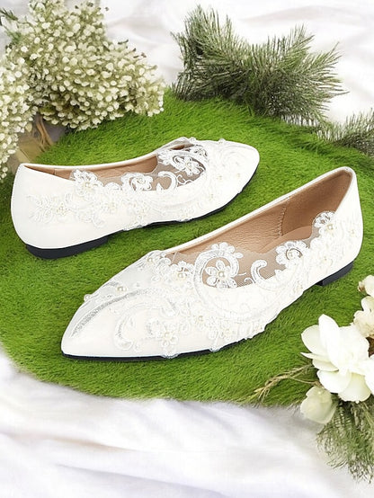 and Lace with Design White Wedding Floral Mesh Appliqué Shoes