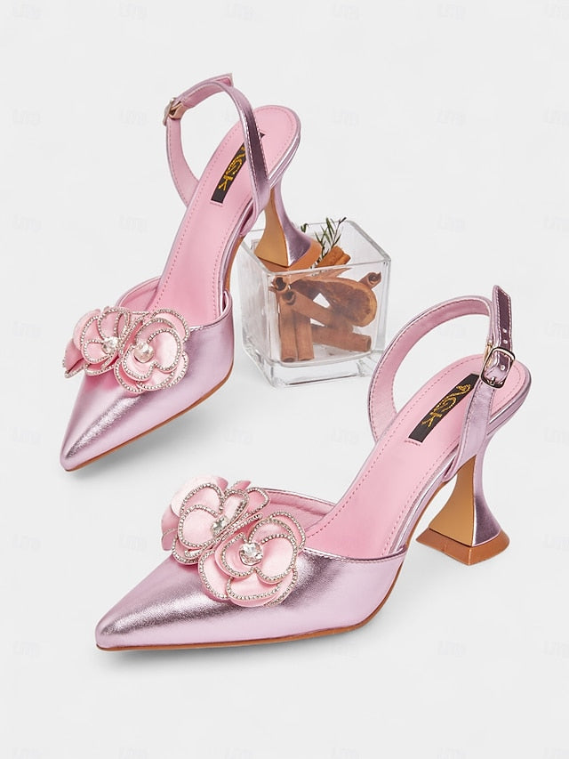 Pointed Floral Heels Toe Satin Pink Women's with