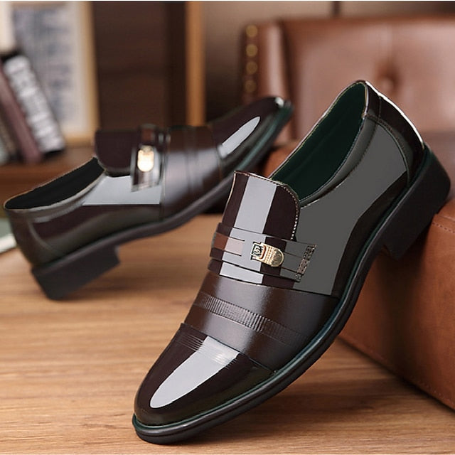 Men's Loafers with Faux Patent Brown Leather
