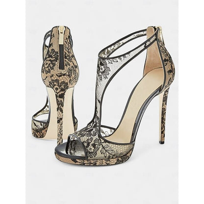Design Lace Mesh Peep-Toe with for Heels Black Stiletto