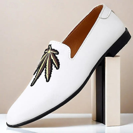 Wholesale SampleMen's Prom Shoes - White Faux Leather Loafers with Feather