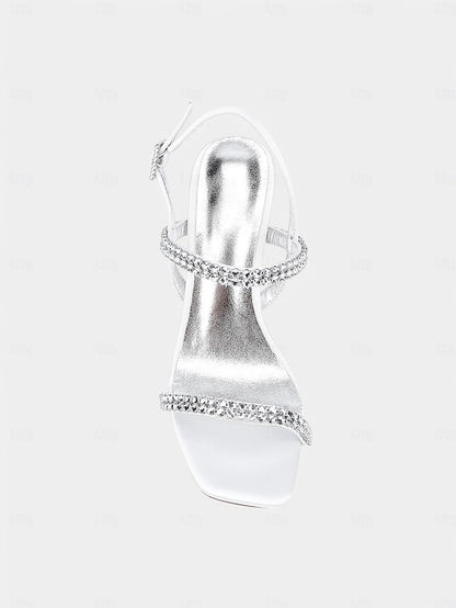 Bridal White Heel – Rhinestone Prom Block Sandals Women's