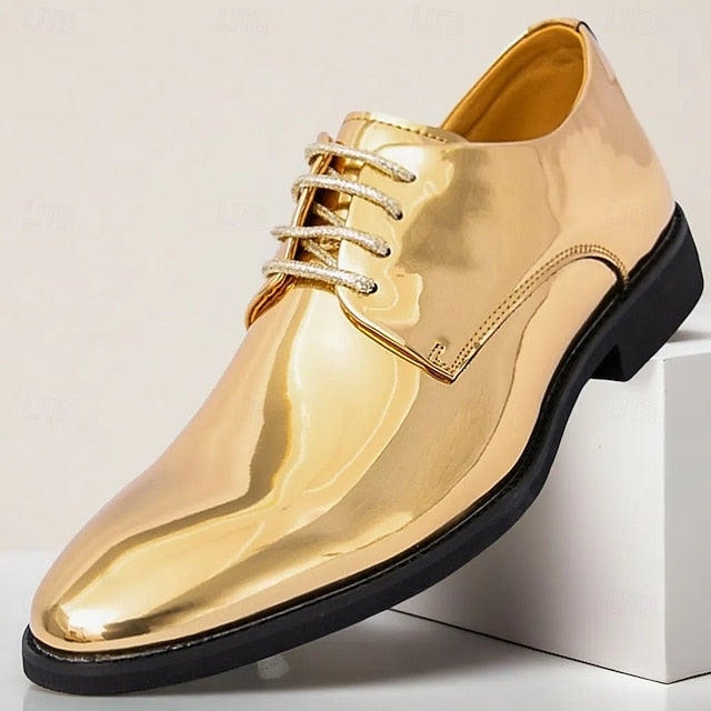 for – Patent Gold Shiny Shoes Leather Men Sleek Lace-Up