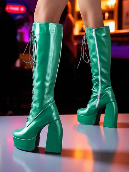 Metallic Silver Platform High Boots - Lace-Up Women's Knee