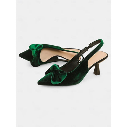 with Toe Blue Women's Velvet Heels Pointed Slingback Bow