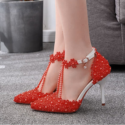 Lace Wedding Shoes Heel High Bridal Pointed Women's